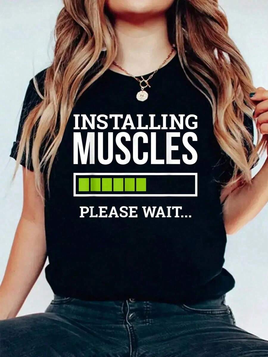 100% Cotton Tshirts Funny Workout Gym Installing Muscles Please Wait T-Shirt Casual Print Short Sleeve Black T Shirt Graphic Tees Women Tops,Valentine's Day,Valentine Outfits For Women,Vacation Outfits Women,Mardi Gras Outfit Women,St Patrick's Day,Rave Outfits For Womengalentine - màu đen - Xem 1