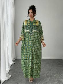 1 件女士宽松阿拉伯长袍连衣裙，绿色定位印花，立领，单排扣，插肩袖，休闲长裙，优雅阿拉伯长袍，奢华节日晚礼服 - 綠色 - 查看 6