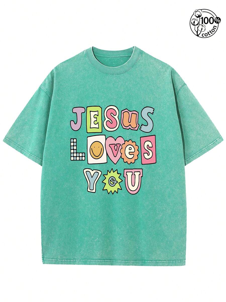 Jesus Loves You Retro Streetwear Graphic Tee With Geometric Print-230G Heavyweight Cotton Unisex T-Shirt, Loose Fit Round Neck Short Sleeve For Family Gatherings & Summer Outdoor Casual Wear, Everyday Outfit, Durable Construction, Printed Shirt, Men And Women - Màu xanh Bạc hà - Xem 1