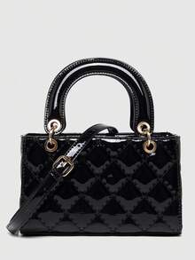 1个PU皮革包，横款酒红色女士手提包，百搭新款夏季漆面绗缝托特包，结构化小包，时尚单肩斜挎包，几何图案钱包，情人节礼物