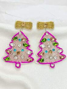 1 Pair Of Vintage Handmade Beaded And Rhinestone Christmas Tree Earrings For Women, Perfect For The Holidays