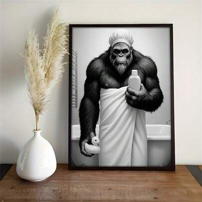 1pc Playful Sasquatch Bathroom Scene Posters With Duck, Soap, And Towel Whimsical,Vintage Humorous Canvas Wall Arts Print,For Bedroom, Kitchen, Living Room, Hotel, Cafe, Office,Restroom Wall Decoration,Home Decoration,NO Frame