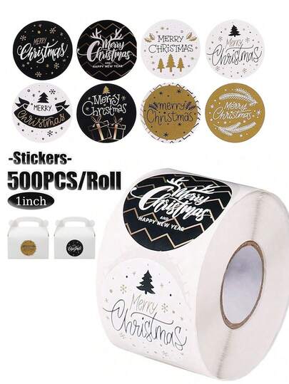 (500 peças/rolo) Rolo de adesivos de Natal, adesivos de Feliz Natal, adesivos de Natal adequados para pequenas empresas, adesivos de vedação autoadesivos, minimalistas e elegantes, etiquetas para envelopes, presentes de festa, adesivos decorativos