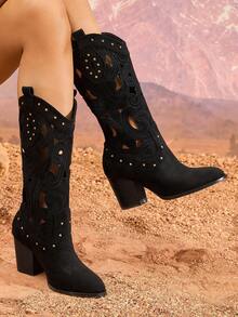 女士及膝靴，镂空透气西部靴，尖头粗跟高跟靴，性感一脚蹬靴，时尚派对宴会黑色中筒靴 - 黑色 - 查看 3