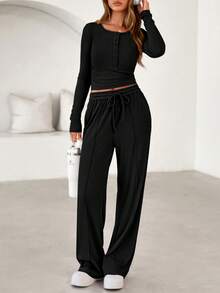 PRETTYGARDEN Women's Spring Fall 2 Piece Outfits Lounge Sets Long Sleeve Top Henley Shirts Wide Leg Pants Travel  Sweatsuit Set Women Clothes Home Clothes Going Out Outfits Sports Valentine Vacation Outfit For Women - 黑色 - 查看 1