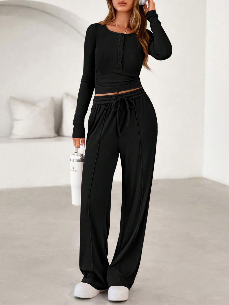 PRETTYGARDEN Women's Spring Fall 2 Piece Outfits Lounge Sets Long Sleeve Top Henley Shirts Wide Leg Pants Travel Sweatsuit Set Women Clothes Home Clothes Going Out Outfits Sports Valentine Vacation Outfit For Women - 黑色 - 查看 1