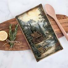 1 set/2 piezas/100 piezas Cabaña en el bosque con banco y patrón de alce Toallas de cocina y paños de cocina, adecuados para decoración de interiores en restaurantes, cocinas y baños, decoración de fiestas, regalos de festivales, como regalo - Multicolor - Ver 10