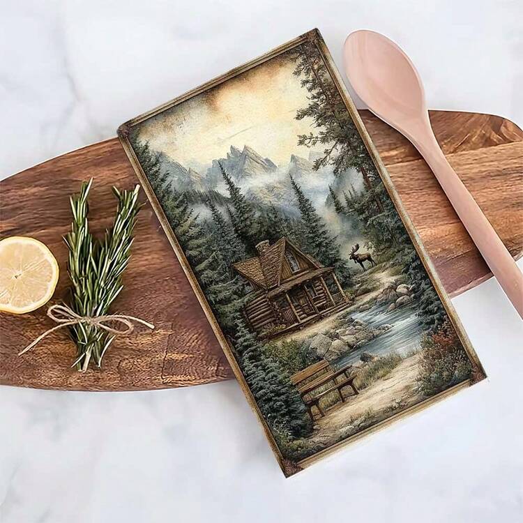 1套/2件/100件 森林小屋 带长凳和驼鹿图案厨房毛巾和洗碗布，适用于餐厅、厨房和浴室的室内装饰、派对装饰、节日礼物、作为礼物 - 彩色 - 查看 10