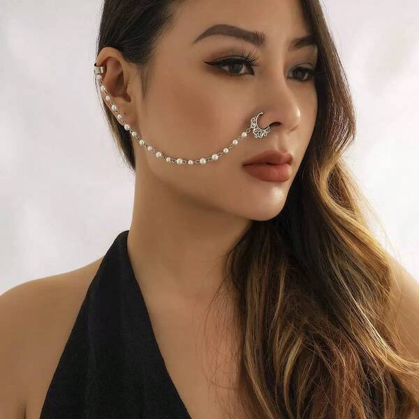 1 件简约仿珍珠流苏鼻链，鼻钉鼻环，无穿孔