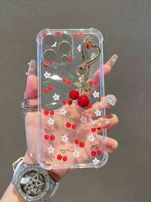 1 pieza Funda protectora de teléfono transparente de unicolor con lindo diseño de cereza y colgante de cereza, compatible con iPhone 17/17 Air/17 Pro/17 Pro Max/16/16 Pro/16 Plus/16 Pro Max/15/14/13/12/11/13, 14 Pro Max, 11 - Cubierta protectora suave de TPU que absorbe los golpes