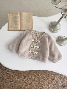 女婴/幼儿时尚仿皮草厚长袖夹克，秋冬 - 杏色 - 查看 5