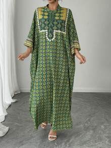 1 件女士宽松阿拉伯长袍连衣裙，绿色定位印花，立领，单排扣，插肩袖，休闲长裙，优雅阿拉伯长袍，奢华节日晚礼服 - 綠色 - 查看 3
