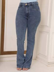 Women's Flare Jeans High Waist Bell Bottom Shaper Butt Lifting Modern Casual Sophisticated Simple Elegant Sensual Casual Jeans Button Zipper - 中等水洗藍 - 查看 1