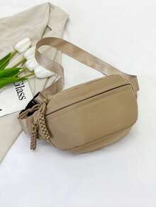 日本女士运动胸包，时尚韩版多功能休闲手机腰包，简约斜挎包 - 卡其色 - 查看 5