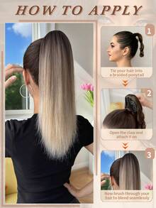 16英寸渐变棕色爪夹式马尾假发，耐热合成直发接发，适合日常使用 - 漸層棕色 - 查看 9