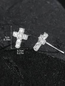 1 paire de boucles d'oreilles vintage pour hommes en cuivre avec croix micro-incrustée de zircone, hypoallergénique, design religieux de Jésus, convient pour un port quotidien, cadeau de Noël, Nouvel An, Saint-Valentin - Argent - Voir 18
