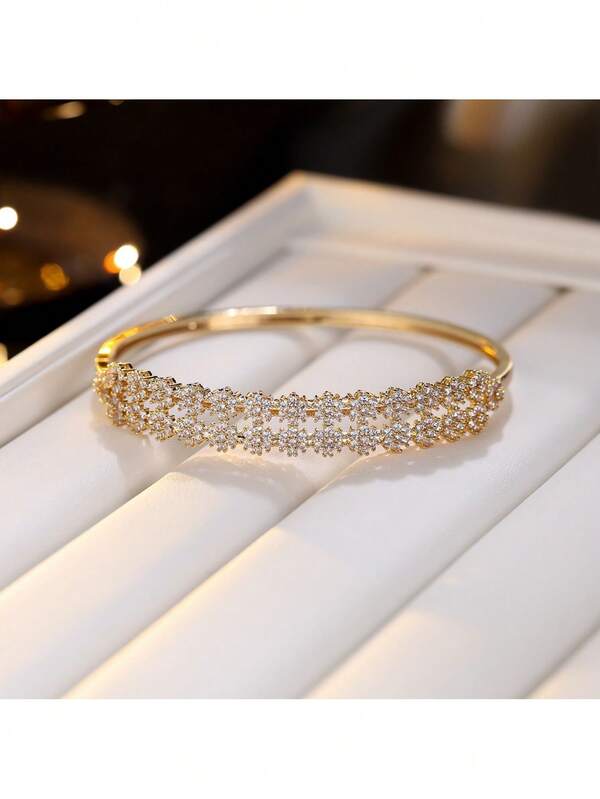 1pc Double-Layer Flower Inlaid Synthetic Zirconia Bracelet, Fashionable & Versatile Jewelry Design, No Box