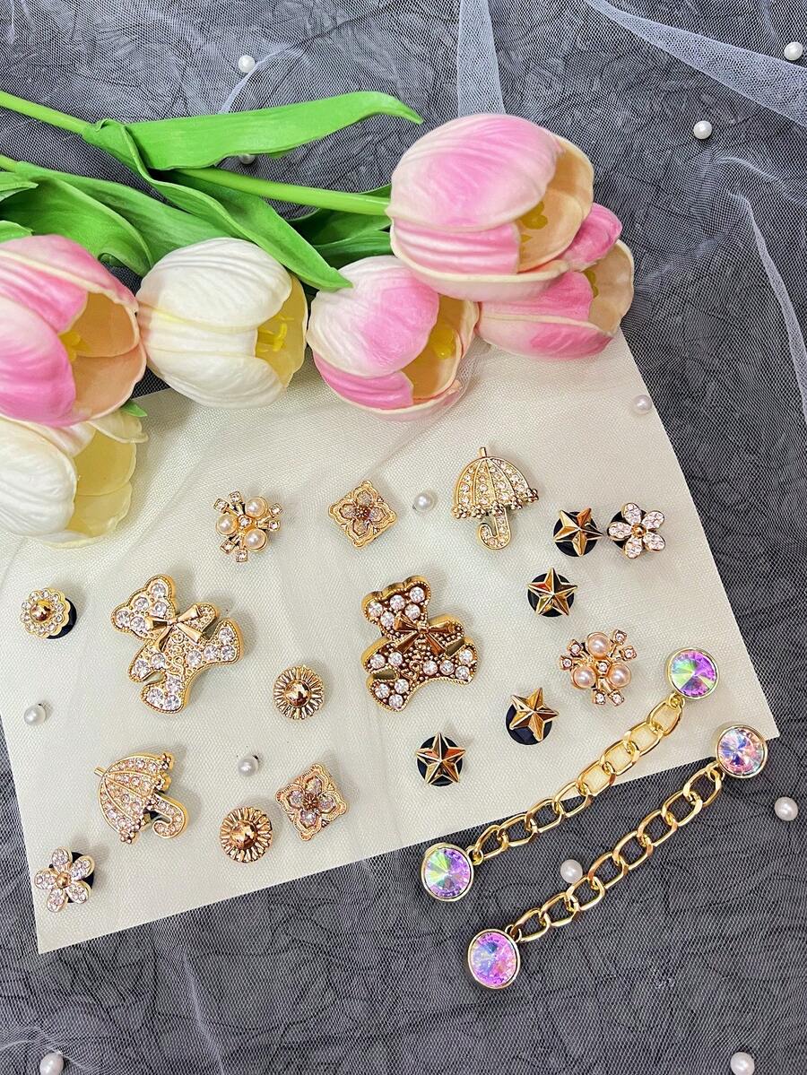 19 sztuk DIY Akcesoria do Butów Ogrodowych - Złoty Miś z Kropkami i Kryształkami, Parasol, Ozdoba na Buty z Klamrą z Kryształkami, Zdejmowane, Nadaje Się Do Butów Plażowych, Butów z Wycięciami, Prezentów Świątecznych, Na Wszystkie Pory Roku