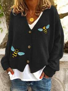 秋季女装 女士毛衣开衫 时尚街头风 日常动物纹罗纹V领针织印花长袖常规上衣 针织假日外出周末 黄色秋冬校园装 可爱上衣 女士返校季Y2K服装 街头风 复古富家女装 女教师装 - 黑色 - 查看 1