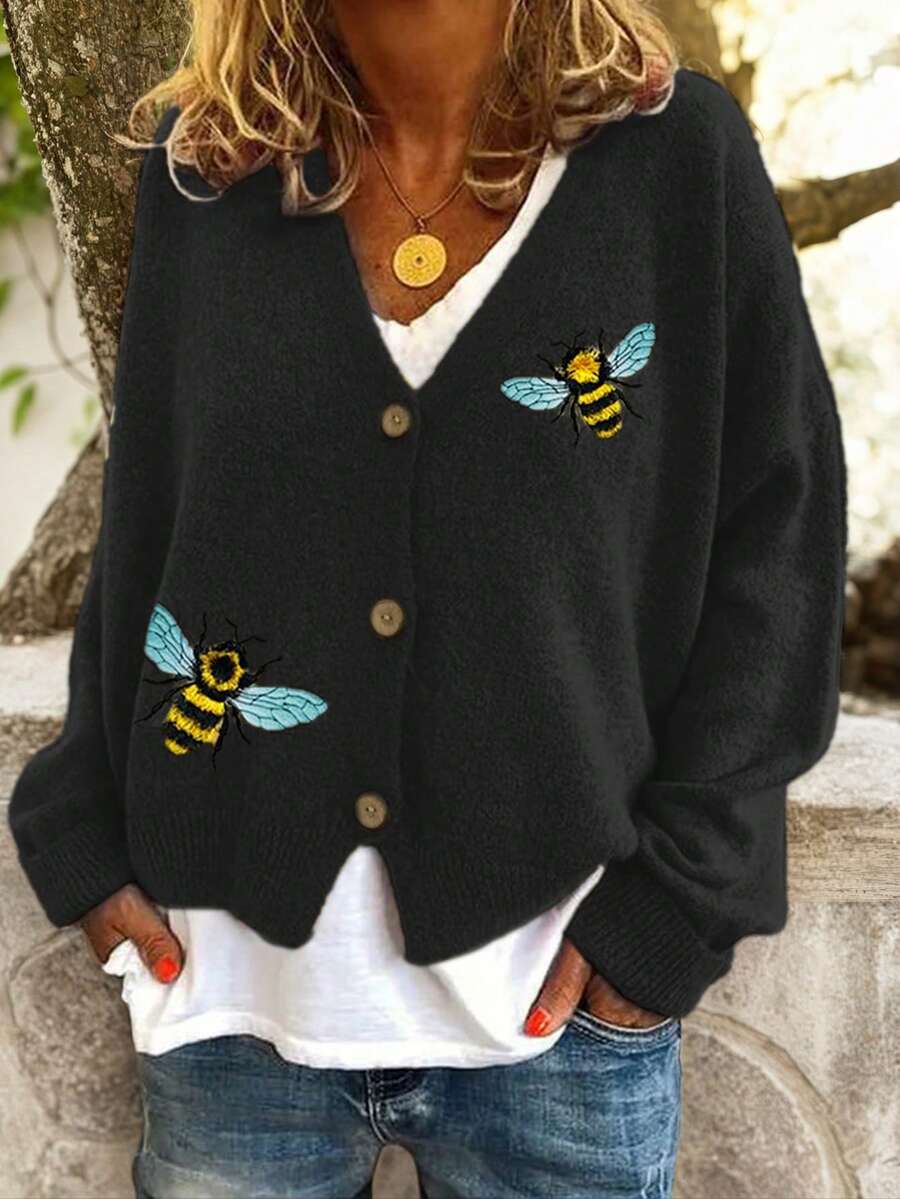 秋季女装 女士毛衣开衫 时尚街头风 日常动物纹罗纹V领针织印花长袖常规上衣 针织假日外出周末 黄色秋冬校园装 可爱上衣 女士返校季Y2K服装 街头风 复古富家女装 女教师装 - 黑色 - 查看 1