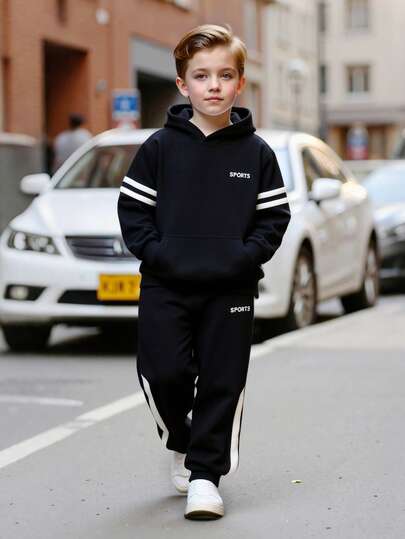 2 件套男童字母印花运动衫和休闲裤套装，长袖上衣和长裤，舒适时尚，适合户外、春秋季