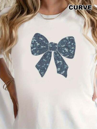 Women's White 180g Cotton Crew Neck Short-Sleeved T-Shirt With A CURVE Floral Bow Print - Ideal For Summer, Comfortable, Elegant, And Casual Style. Perfect For Pairing With Jeans Or Skirts, A Must-Have For Your Wardrobe.