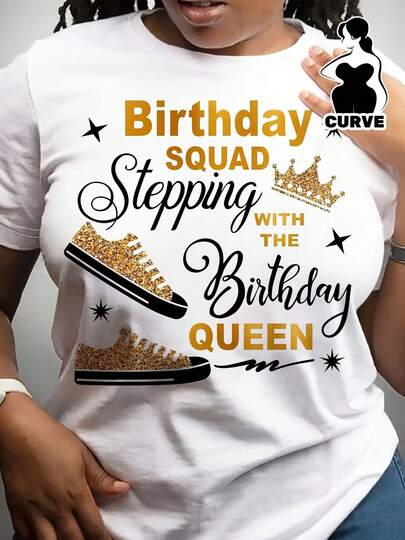 Women's 180g White Cotton Crew Neck Short Sleeve Birthday T-Shirt Featuring A Unique Birthday  Stepping With The Birthday Queen Print Featuring A Crown And Glittery Gold Sneakers, Perfect For Themed Celebrations And Festive Gatherings.