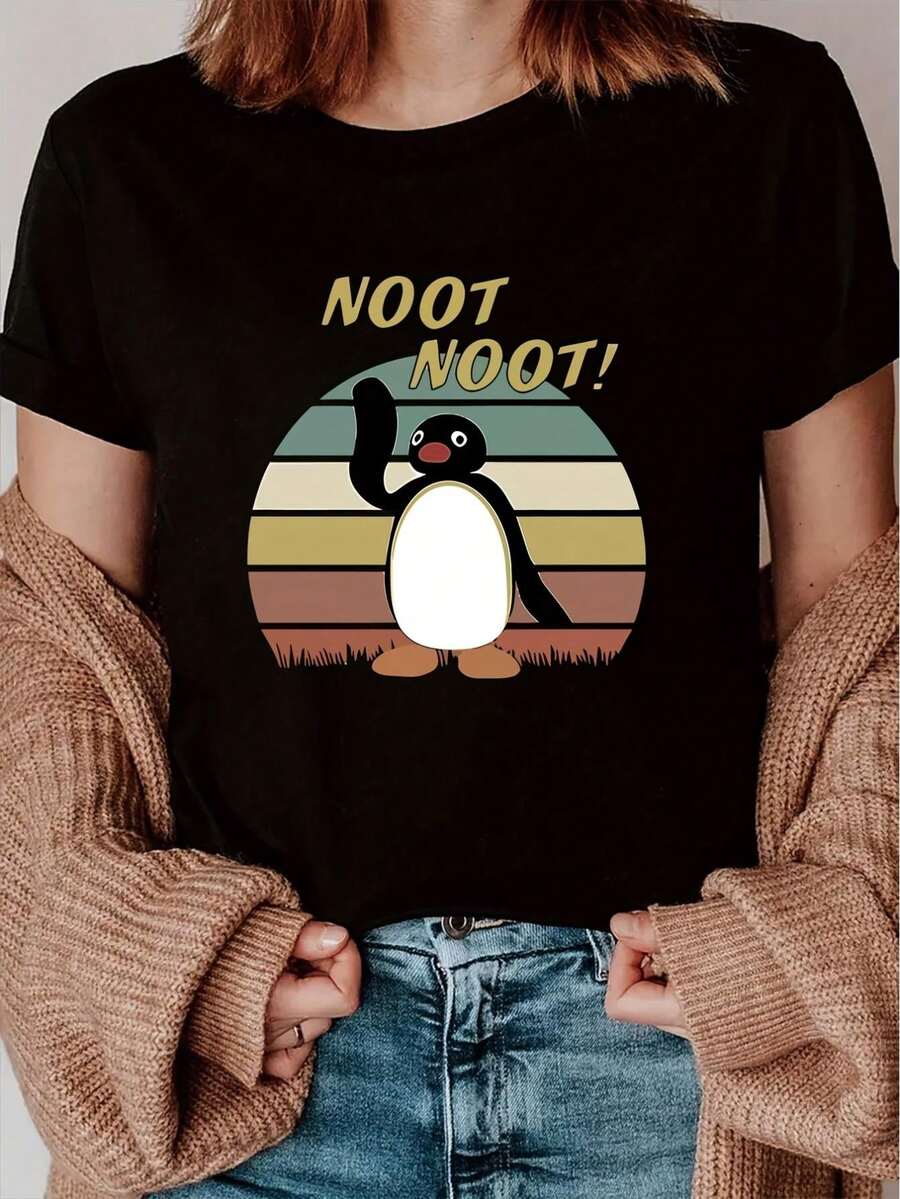 Cute Penguin Print Crew Neck T-Shirt, Four Seasons Casual Short-Sleeved Round Neck T-Shirt, Women'S Clothing - Black - View 1