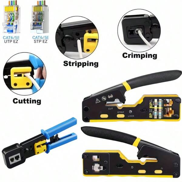 RJ45 Crimpzange Gerade-Durch RJ45 Crimpzange, Abisolierwerkzeug, Crimpvorrichtung, Abisolierwerkzeug und Schneidwerkzeug, mit rutschfestem Griff, geeignet für RJ11/RJ12 Standard Ethernet-Kabel - Kunststoff/Gummi/Metall-Struktur perforierte Durchgangs-Netzwerkkabel-Zange mit Kristallkopf CAT5/6A/7 Drahtschneiderschutz 8P6P Desktop-Crimpzange