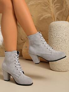 2025秋冬新款欧美时尚系带罗马角斗士靴，黑色高筒圆头粗跟靴 - 灰色 - 查看 4