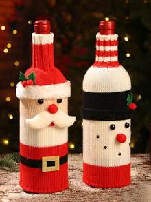2pcs Knitted Santa & Snowman Wine Bottle Cover Set - Festive Christmas Decorations For Restaurant And Home Holiday Settings - Perfect Gift For Christmas