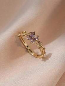 1pc Stainless Steel Purple Four-Leaf Clover & Cubic Zirconia Open Ring, Sweet Style Suitable For Women's Daily Wear - 銀紅色 - 查看 1