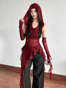 Top Dazzle Cor Sólida Ajustado Streetwear Capuz Regata Malha - Vermelho - Visão 7