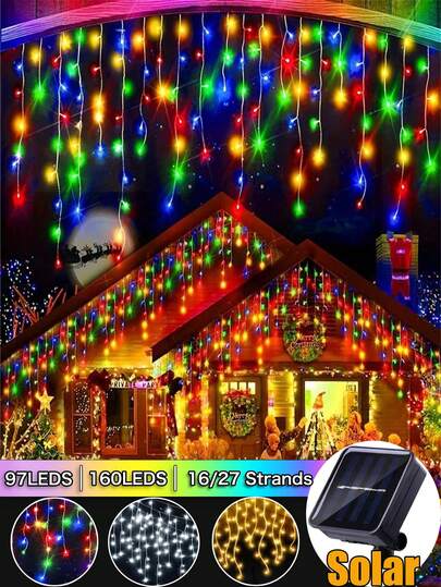 3.5M/7M Solar Curtain Icicle Lights String, Christmas Light Outdoor / Indoor Decoration, 97 LEDS / 160 LEDS 8 Flashing Modes, LED Fairy Lights Memory Function,Outdoor Waterproof Eaves Decor String Lights Garden Party Yard Christmas Balcony, Tree Hanging, Yard, Roof, Walls Decoration Holiday Garlands