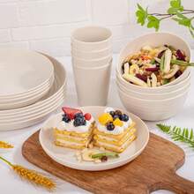 16/32pcs Kitchen Wheat Straw Large Size Dinnerware Set, Service For 4/8, Unbreakable Modern Dish Set-Dinner Plate/Dessert Plate/Cereal Bowl/Cup, Lightweight Tableware, Perfect Camping And Everyday Use - 白色 - 查看 2