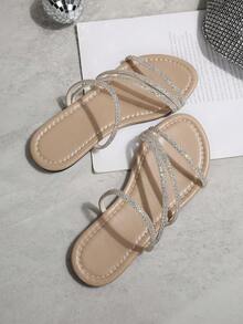 Sandali piatti da donna con decorazioni in cristallo, adatti per appuntamenti, shopping, feste, pendolarismo, vacanze e uso casual in casa