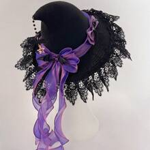 手工大檐女巫帽，哥特式暗黑风格黑紫蝴蝶结洛丽塔女巫帽，万圣节头饰秋季配饰