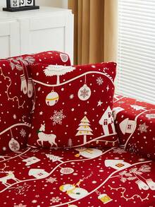 1pc Christmas Print Sofa Cover (Including 1pc Cushion Cover), Red Christmas Pattern, Dirt-Resistant & Pet-Scratch-Proof, Machine Washable, Home Decor Suitable For Living Room & Office - Red - View 10