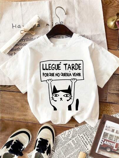 Women's Cute Cat & Letter Print T-Shirt - "Llegue Tarde Porque No Queria Venir" Design, Casual Short Sleeve Round Neck Top For Spring & Summer, Breathable Cotton, White, Cat Tshirt