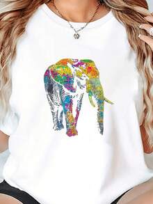 Breathable T-Shirt With Colorful Elephant Graphic Design - White - View 3