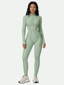 MFVIM Women's Long Sleeve Jumpsuit, Half Zip Design, Tight Fit Sexy Activewear, High Intensity Workout Yoga Outfit - Mint Green - View 8