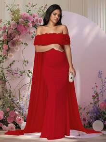 JustVH Maternity Floral Open Shoulder Dress, Suitable For Baby Shower, Mesh Cape-Style Long Dress, Can Be Used As Photography Prop Spring Fall - Burgundy - View 3