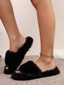 Women's Solid Color Cute Fabric Plush Slippers, Lightweight, Soft & Comfortable, European Size, Flat, Indoor For Autumn/Winter - Black - View 7