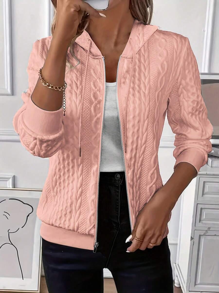 Women's Cable Knit Zip Up Hoodie - Long Sleeve Drawstring Hooded Jacket, Cozy Soft Knitted Sweatshirt For Casual Daily Wear, Fall & Winter Fashion Essentia - Bụi hồng - Xem 1