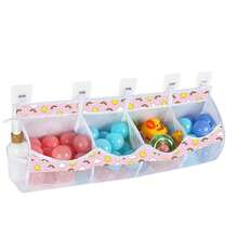 Organizator mare pentru jucării de baie, cu 4 compartimente, cu uscare rapidă, din plasă, cu 5 cârlige, acces și sortare ușoară, capacitate mare de depozitare în colț pentru baie, suport multifuncțional (roz)