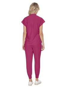 Wholesale Fashion Scrub Suits Dental Hospital Uniform Set Solid Color Surgical Gown Pocket V-Neck Scrubs Sets For Women Joggers Pants Suit - Hot Pink - View 2