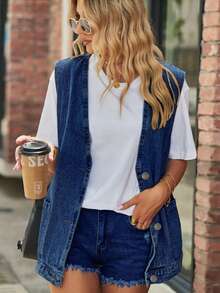 Plus Size Women's Casual Vintage Denim Vest, Versatile Style, Suitable For All Seasons