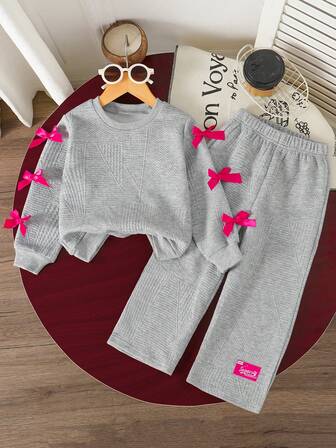 2 st/set för småbarnsflickor, enfärgad, minimalistisk stil, söt rosettdekoration, vit, långärmad tröja och lösa, avslappnade långbyxor, höst