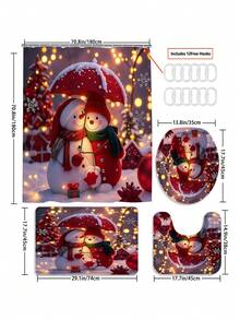 1 pièce/4 pièces Ensemble de décorations de Noël bonhomme de neige comprenant un rideau de douche imperméable avec 12 crochets, une housse de siège de toilette, un tapis de bain antidérapant et un tapis de sol en polyester lavable. Convient pour la décoration de la salle de bain, de la chambre, de la maison et du salon.