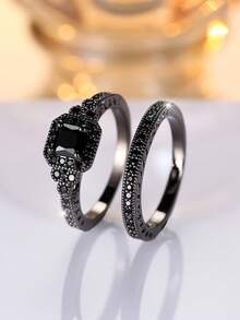 2 Pcs/Set Exquisite All-Black Cubic Zirconia Halloween-Style Women's Ring Set Designed For Women Halloween Jewelry Women's Jewelry Gift - Black - View 4